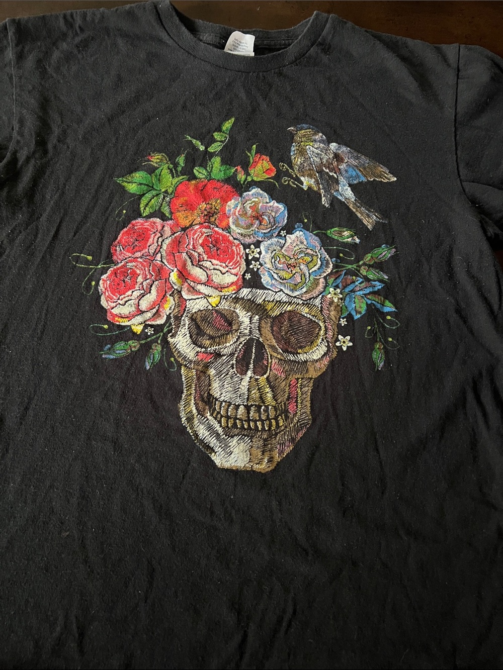 Delta Black Tee with Red, Blue, Green Floral Skull Design - preshrunk Medium
